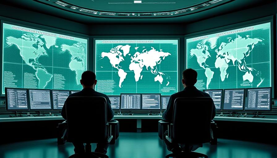 A high-tech command center with multiple glowing screens and operators